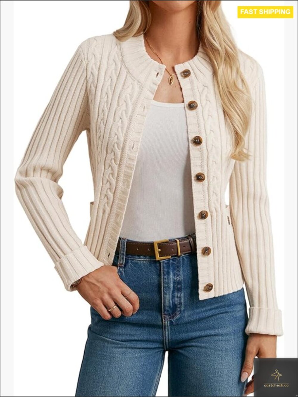 Cable Knit Cropped Cardigan Chunky Winter Sweater Button Up Elegant Chic